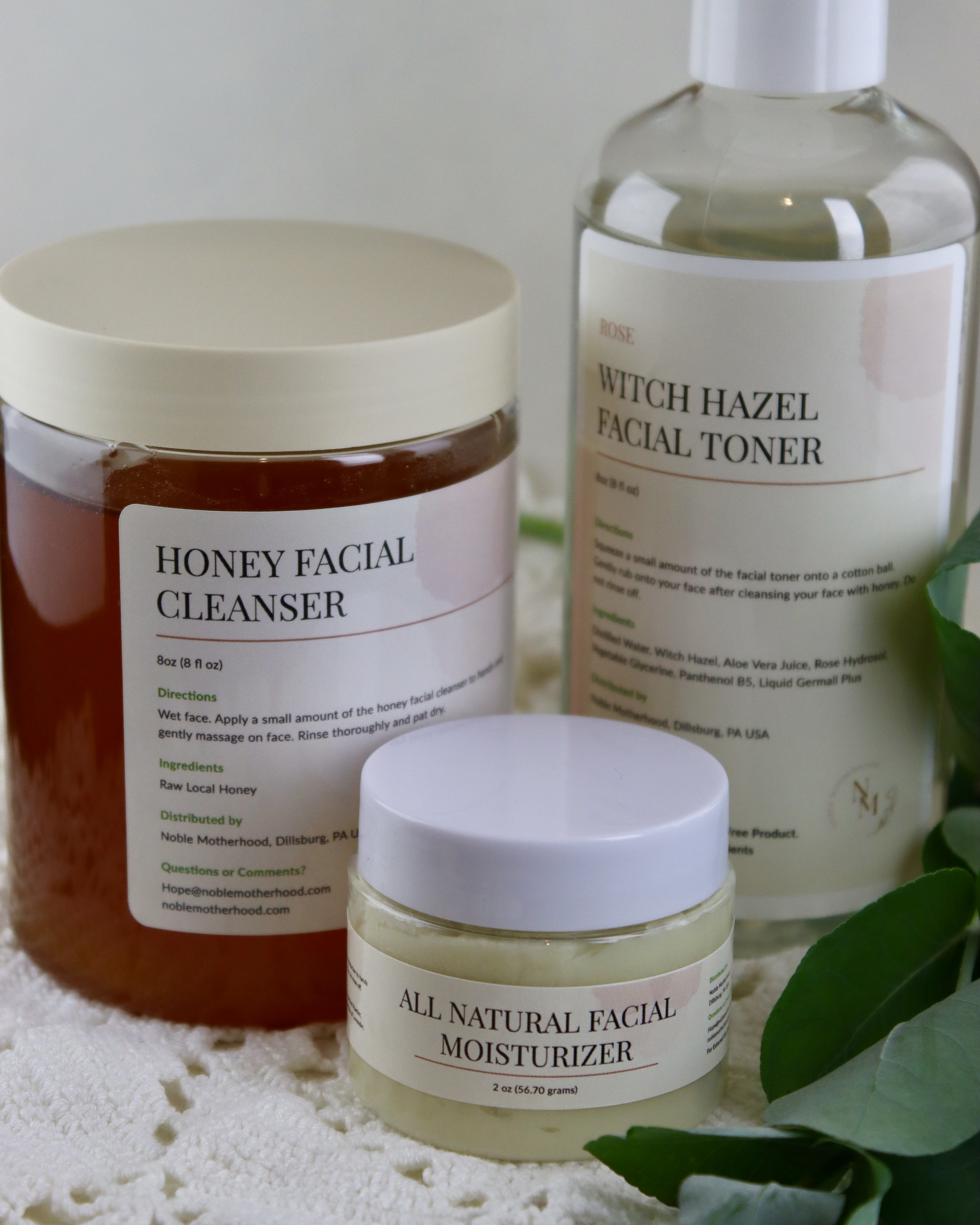 Facial Care Bundle with honey cleanser, witch hazel toner, and 2oz all natural moisturizer for dry skin